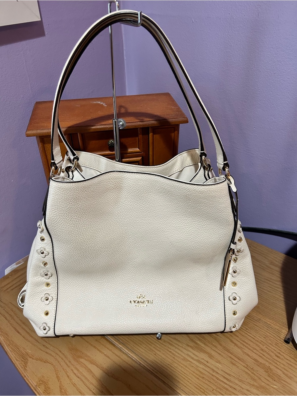 Coach Edie Pebbled Leather Shoulder Bag with Floral Studs 37700